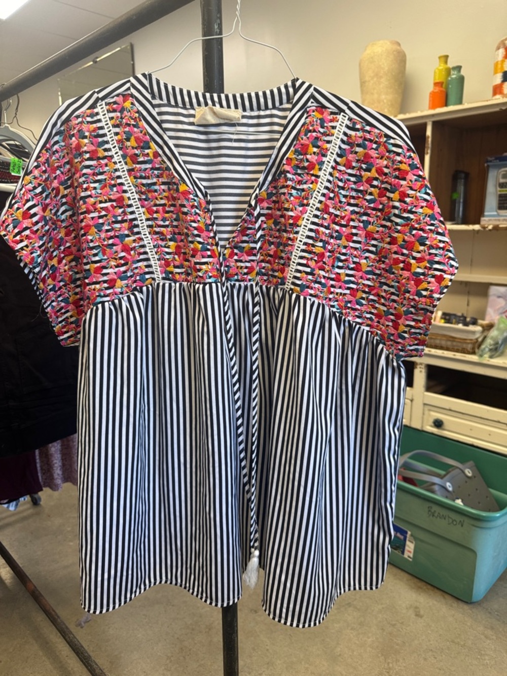 Savanna Jane Black & White Striped Tunic with Pink Multicolor Embroidery